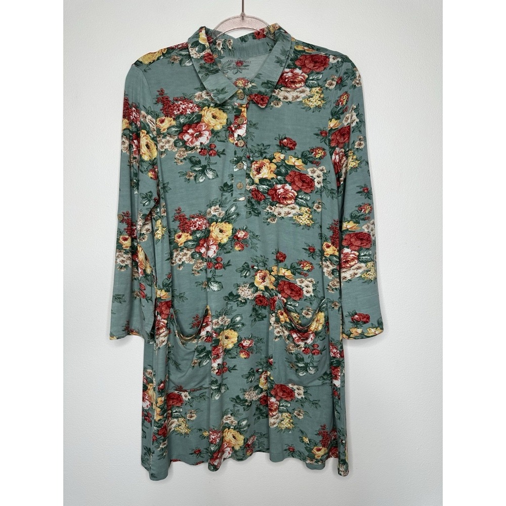 April Cornell Mini Dress Tunic Top Size XS Green Floral Roll tab Sleeves